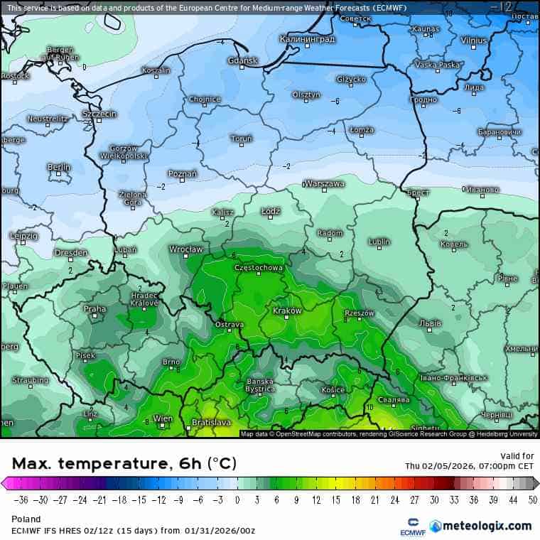 silne ocieplenie w kraju według ECMWF