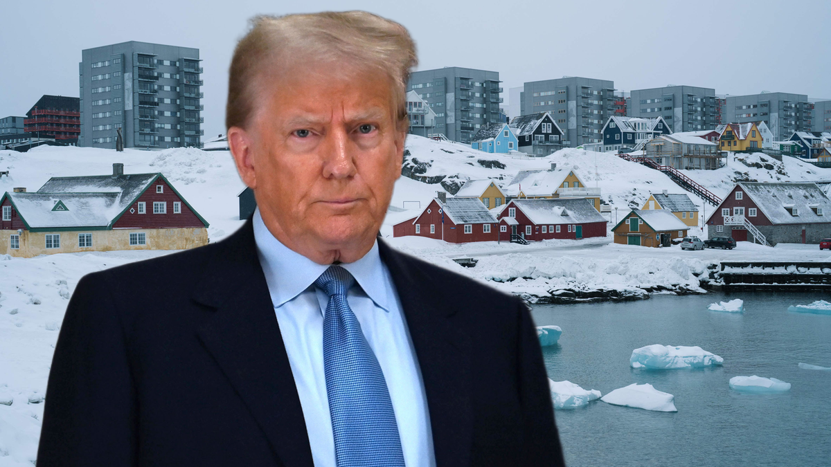 Donald Trump na tle zimowego krajobrazu Grenlandii z budynkami mieszkalnymi i lodem w wodzie.