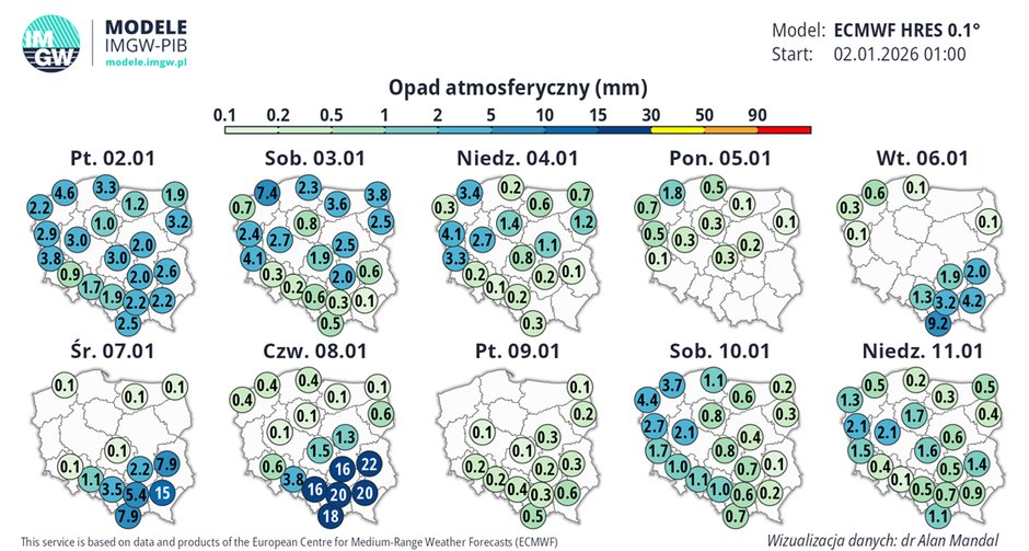 Prognozowana suma opadów w Polsce w kolejnych dniach
