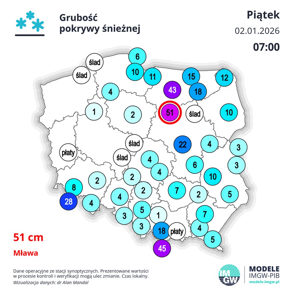 Grubość pokrywy śnieżnej w Polsce dziś rano