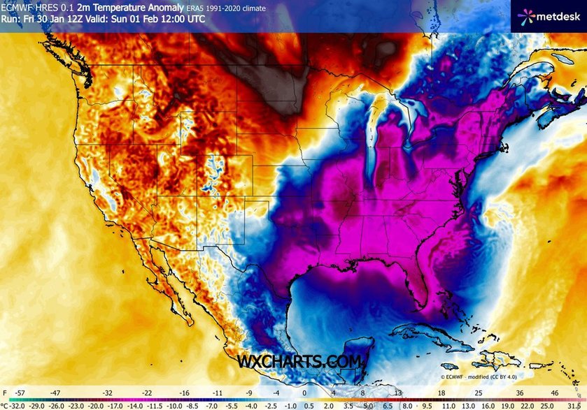 W niedzielę USA podzielą się na dwie części: ciepły zachód i bardzo zimny wschód