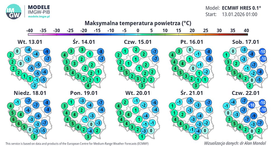 Prognoza temperatury maksymalnej w Polsce w kolejnych dniach