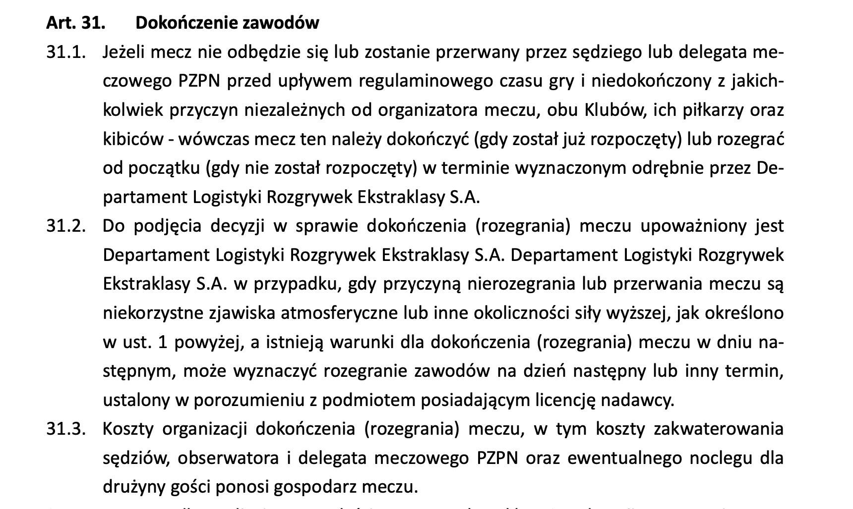 Fragment regulaminu Ekstraklasy