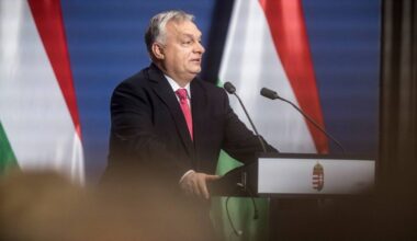 Mężczyzna w garniturze przemawia za m&oacute;wnicą z herbem Węgier, w tle flagi Węgier.