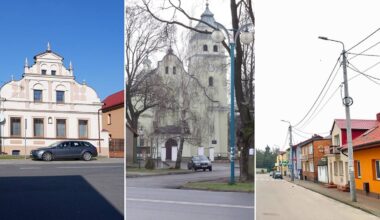 Trzy zdjęcia przedstawiające budynki mieszkalne i sakralne oraz ulicę z domami.