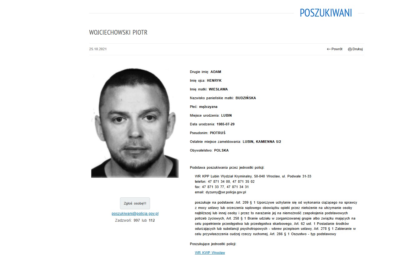 Policja z Dolnego Śląska od 2021 r. poszukuje Piotra Wojciechowskiego