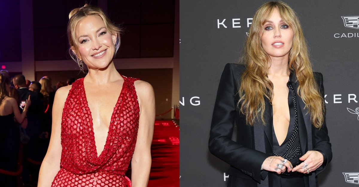 Kate Hudson i Miley Cyrus zaszalały ze stylizacjami. Obie postawiły na głęboki dekolt