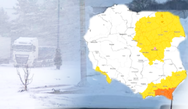 Mapa Polski z zaznaczonymi obszarami objętymi ostrzeżeniami meteorologicznymi, obok widok rozmazanej drogi z samochodem ciężarowym na tle padającego śniegu.