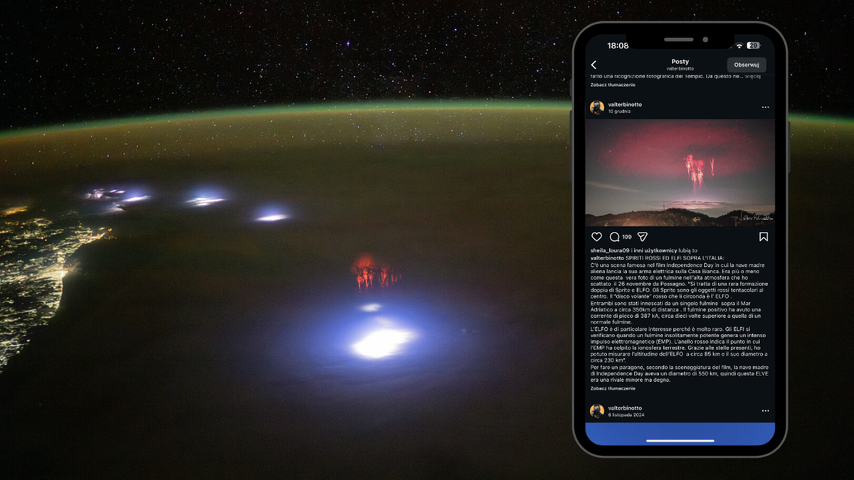 Zdjęcie przedstawiające zjawisko ELVE i czerwonego duszka (sprite) nad chmurami burzowymi, uchwycone przez fotografa Valtera Binotto.