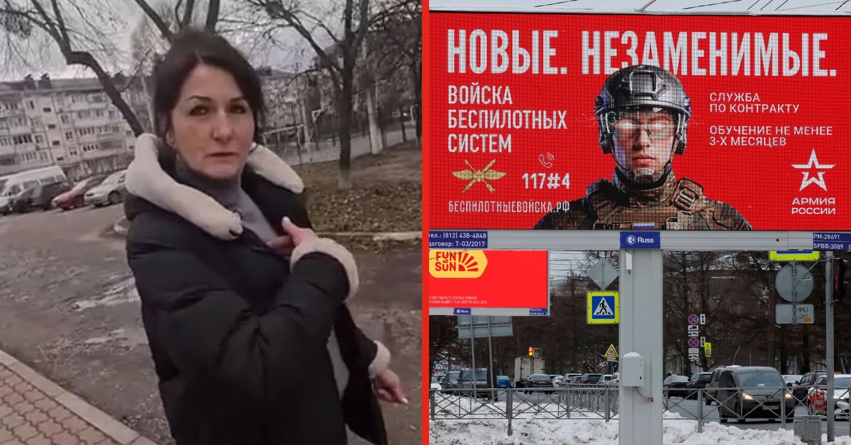 Z lewej Swietłana zaatakowana przez rosyjskiego żołnierza przed swoim domem. Z prawej plakat promujący służbę wojskową w rosyjskiej armii, Sankt Petersburg, Rosja, 22 stycznia 2026 r.