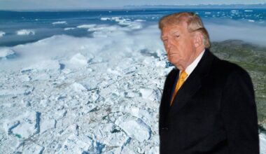 Donald Trump na tle lodowego krajobrazu Grenlandii.