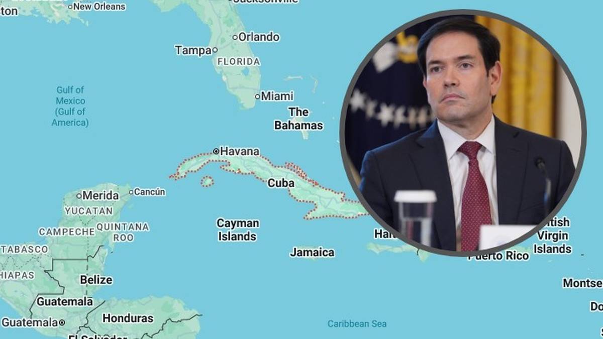 Mapa regionu Karaib&oacute;w z zaznaczonymi państwami i wizerunkiem mężczyzny w garniturze.