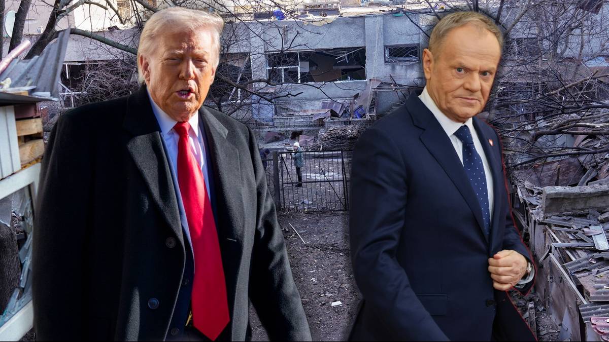 Donald Trump i Donald Tusk na tle zniszczeń.