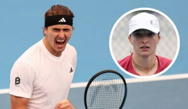 Alexander Zverev krzyczy na korcie tenisowym, obok widnieje zbliżenie na twarz Igi Świątek.