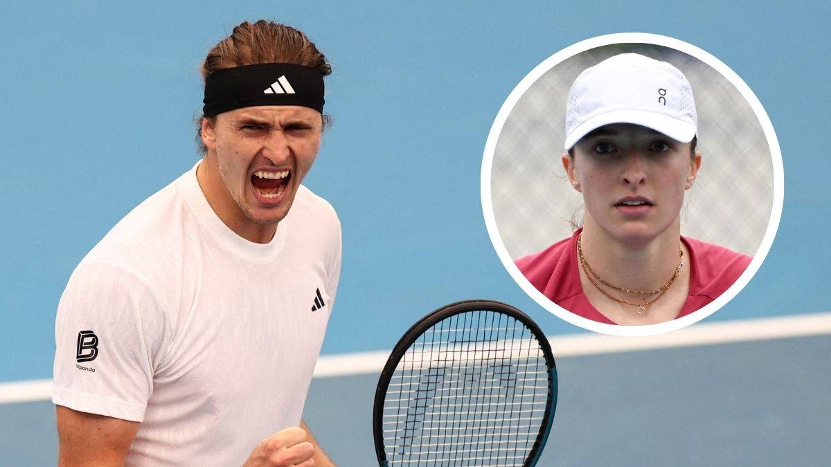 Alexander Zverev krzyczy na korcie tenisowym, obok widnieje zbliżenie na twarz Igi Świątek.