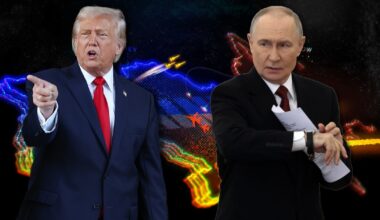 Donald Trump i Władimir Putin. W tle grafika przedstawiająca działania wojenne w Ukrainie