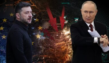 Po lewej prezydent Ukrainy Wołodymyr Zełenski w Kijowie, 20 grudnia 2025 r. Po prawej przywódca Rosji Władimir Putin w Moskwie, 25 grudnia 2025 r. W tle grafika uwzględniająca mapę Ukrainy