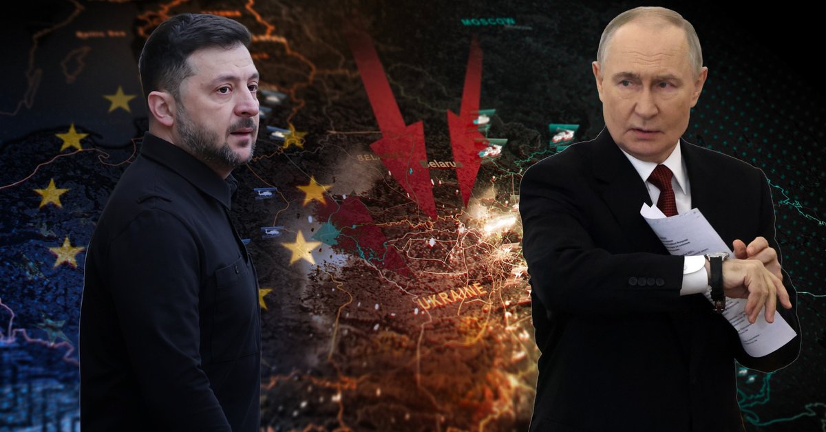 Po lewej prezydent Ukrainy Wołodymyr Zełenski w Kijowie, 20 grudnia 2025 r. Po prawej przywódca Rosji Władimir Putin w Moskwie, 25 grudnia 2025 r. W tle grafika uwzględniająca mapę Ukrainy