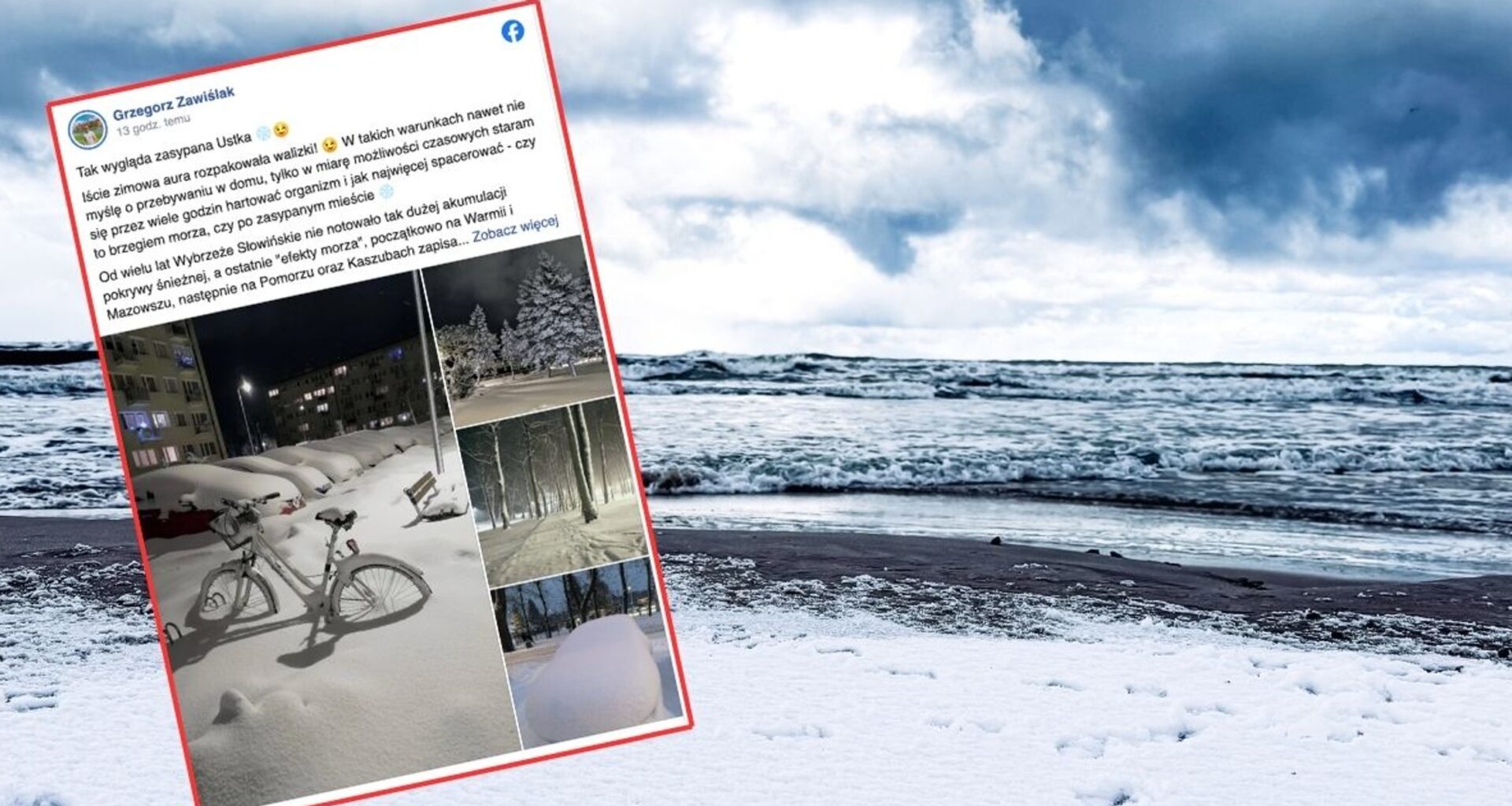Pokazał zdjęcia z Ustki. "Od wielu lat nie notowało tak dużej pokrywy śnieżnej" (screen: Facebook/Grzegorz Zawiślak)