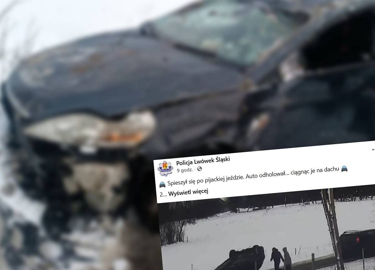 Nietypowa akcja pod Lwówkiem Śląskim. Holował samochód, który leżał na dachu