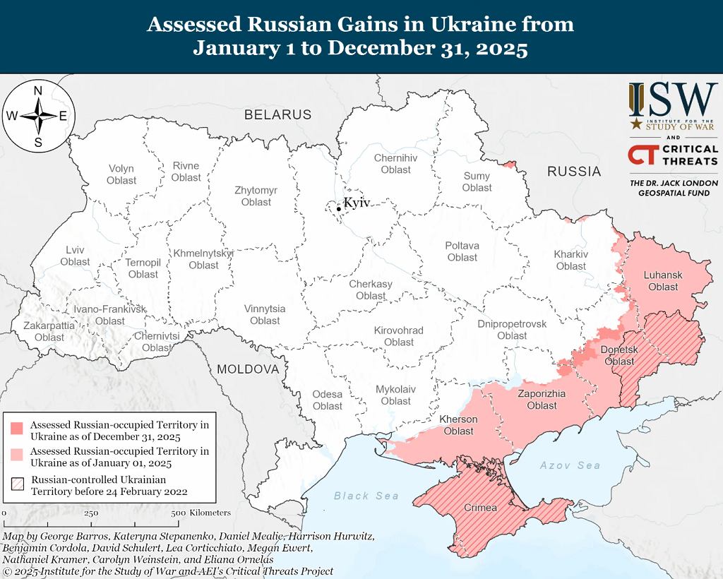 Tereny okupowane przez Rosję w Ukrainie. Ciemniejsza czerwień to obszar zajęty w 2025 roku. Z perspektywy całego kraju trudny do zauważenia
