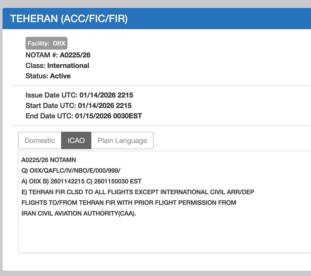 Komunikat NOTAM z Iranu