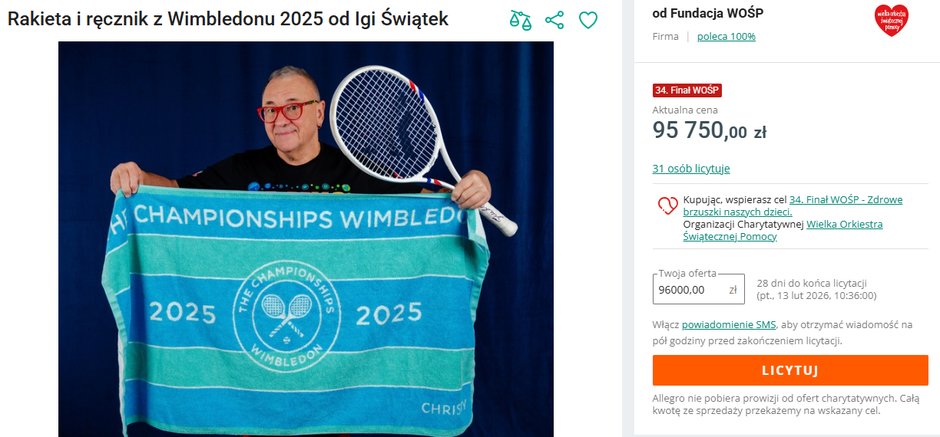 Aukcja Igi Świątek na WOŚP