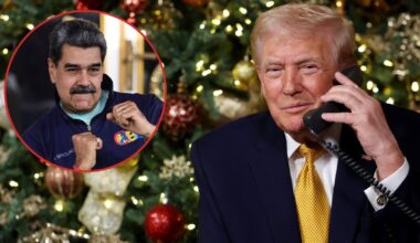 Prezydent Stanów Zjednoczonych Donald Trump, Palm Beach na Florydzie, 24 grudnia 2025 r. Na mniejszym zdjęciu prezydent Wenezueli Nicolas Maduro w Caracas w Wenezueli, 21 listopada 2025 r.