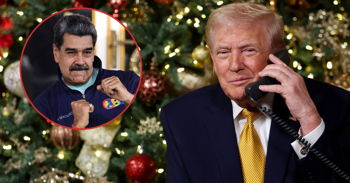 Prezydent Stanów Zjednoczonych Donald Trump, Palm Beach na Florydzie, 24 grudnia 2025 r. Na mniejszym zdjęciu prezydent Wenezueli Nicolas Maduro w Caracas w Wenezueli, 21 listopada 2025 r.