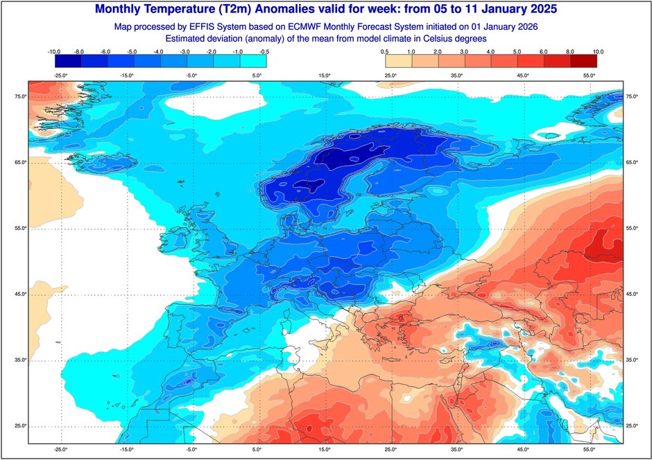 Prognoza odchylenia temperatury od normy w Europie w kolejnym tygodniu