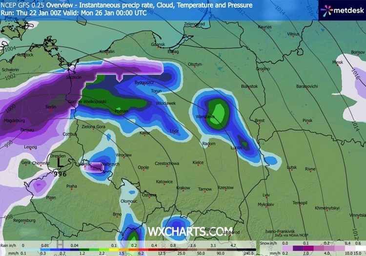 Okresami pojawią się opady, ale coraz częściej deszczu. Śnieg (kolor fioletowy na mapie) występować będzie głównie na północy i częściowo zachodzie)
