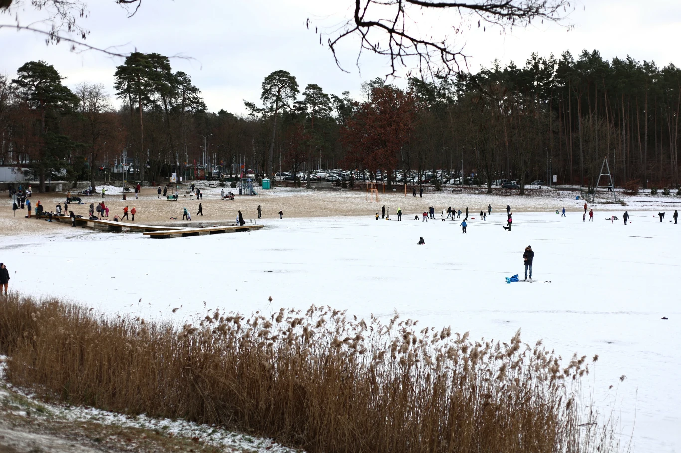 Jezioro Głębokie zimą Ludzie spacerują, bawią się i spędzają wolny czas na zamarzniętym jeziorze otoczonym szuwarami i lasem. W tle widać plażę, liczne drzewa iglaste i liściaste, a także grupy osób korzystających z zimowych atrakcji.