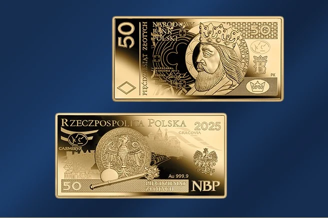 Złota moneta kolekcjonerska o nominale 50 złotych przedstawiająca popiersie króla z koroną oraz symbole narodowe, datę 2025 i napis Narodowy Bank Polski, na odwrocie motyw heraldyczny, symboliczne insygnia królewskie i informacja o zawartości złota.