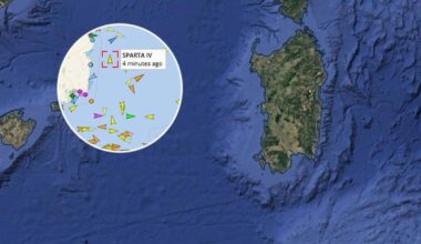Mapa Morza Śr&oacute;dziemnego z zaznaczoną pozycją statku Sparta IV.