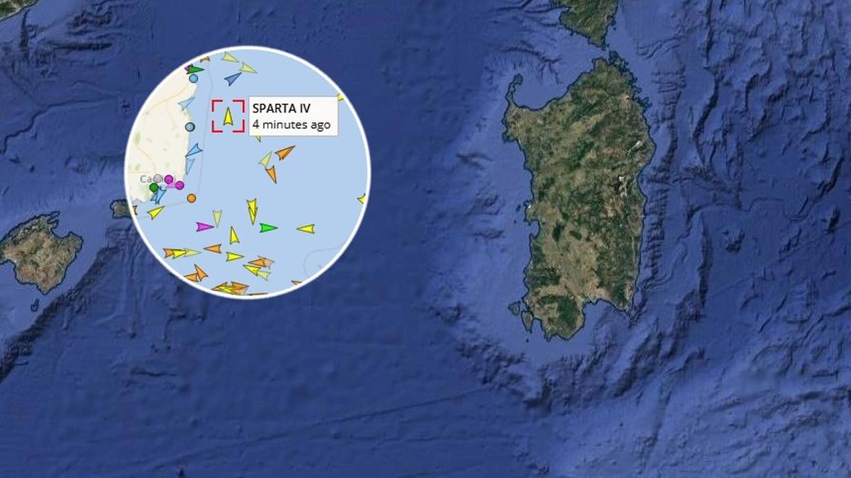 Mapa Morza Śr&oacute;dziemnego z zaznaczoną pozycją statku Sparta IV.