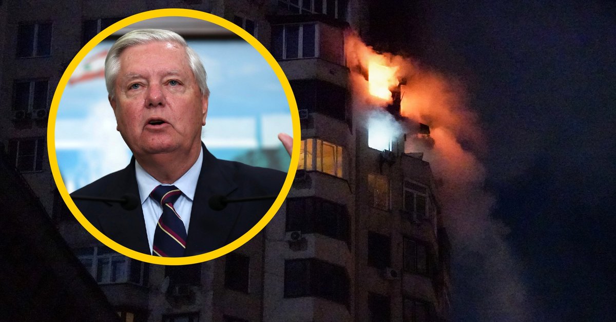 W kółeczku republikański senator Lindsey Graham. W tle pożar budynku mieszkalnego po rosyjskim nalocie w Kijowie wczesnym rankiem, Ukraina, 3 lutego 2026 r.