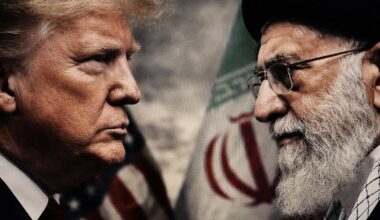 Portret Donalda Trumpa i Alego Chameneiego stojących naprzeciw siebie, z flagami USA i Iranu w tle.