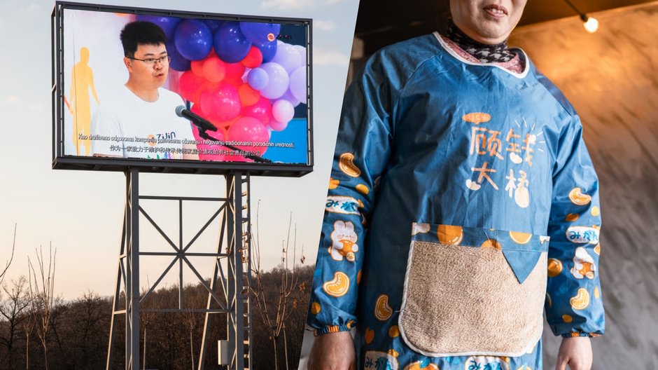 Po lewej — na dużych ekranach przed siedzibą Zijin Mining w Bor wyświetlane są filmy promujące działalność firmy w regionie. Po prawej chińska kucharka w chińskiej restauracji w Bor. Napis na jej fartuchu można przetłumaczyć jako "Zarabiam pieniądze łopatą"