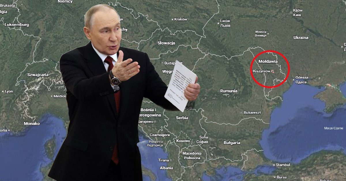 Prezydent Rosji Władimir Putin na Kremlu w Moskwie, 25 grudnia 2025 r. W tle mapa Europy Środkowo-Wschodniej uwzględniająca Mołdawię i Kiszyniów — stolicę kraju