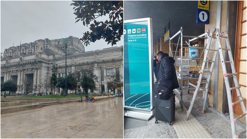 Dworzec Milano Centrale (z lewej) i utrudnienia w przejściu na stacji kolejowej w Trydencie (po prawej)