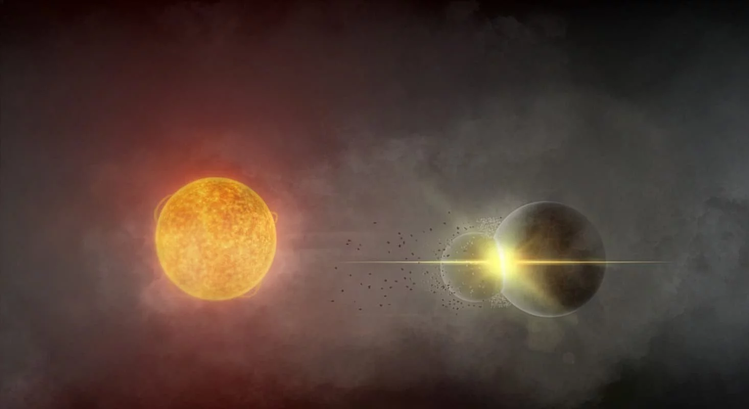 Wizja Andy'ego Tzanidakisa, głównego autora badań dotyczących kolizji planetarnej, która jego zdaniem miała miejsce wokół gwiazdy Gaia20ehk w 2021 roku