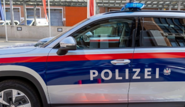 Fragment policyjnego radiowozu z napisem "POLIZEI" na drzwiach i niebieskim światłem na dachu.