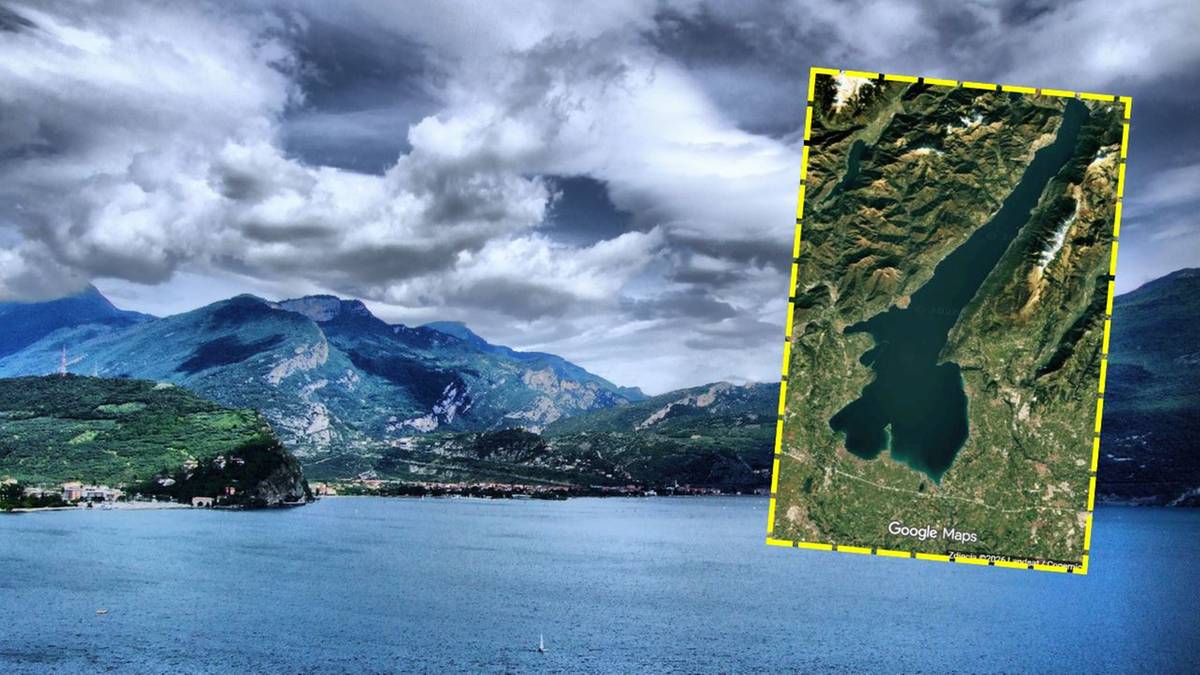 Widok na Jezioro Garda z g&oacute;rami w tle i wstawionym obrazem satelitarnym.
