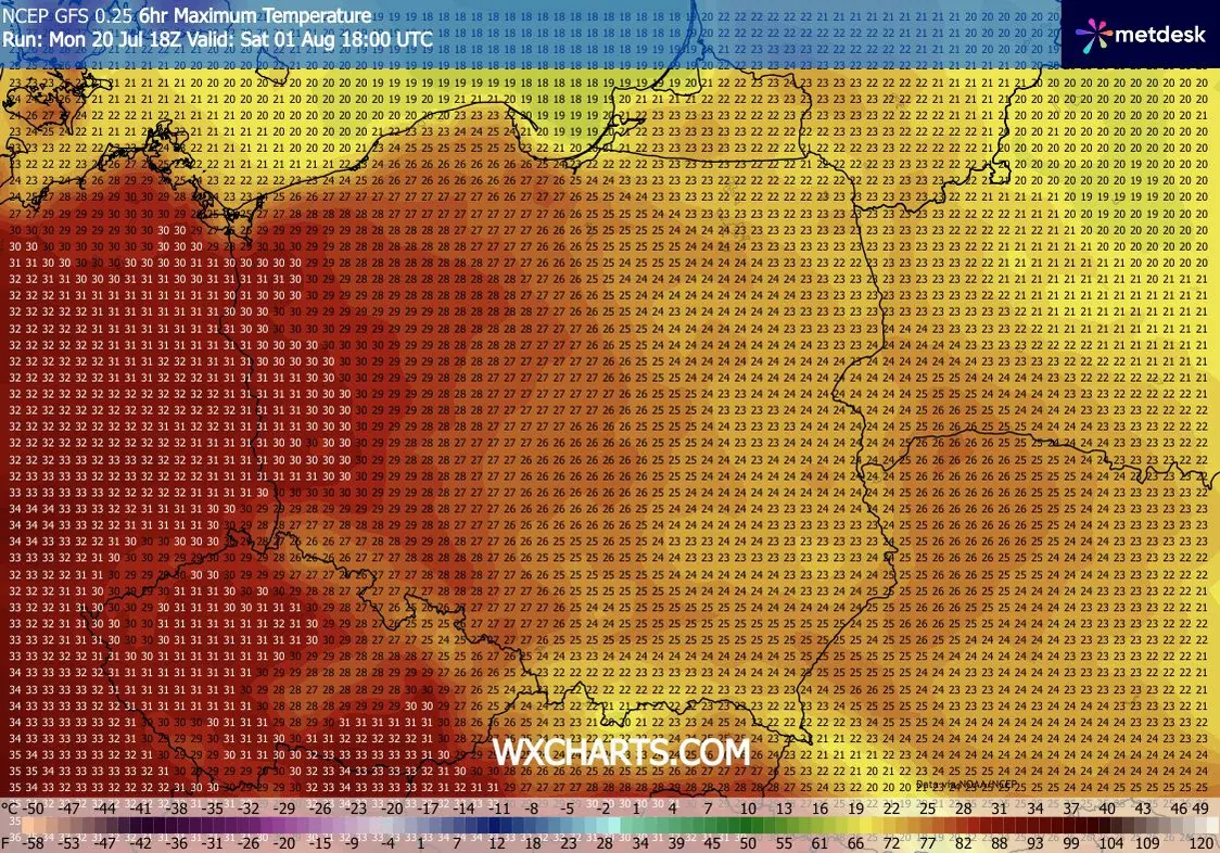 Prognoza temperatur na 1 sierpnia (o godz. 20) według modelu GFS