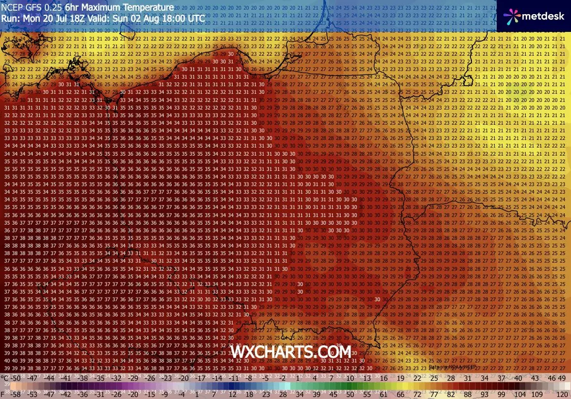 Prognoza temperatur na 2 sierpnia (o godz. 20) według modelu GFS