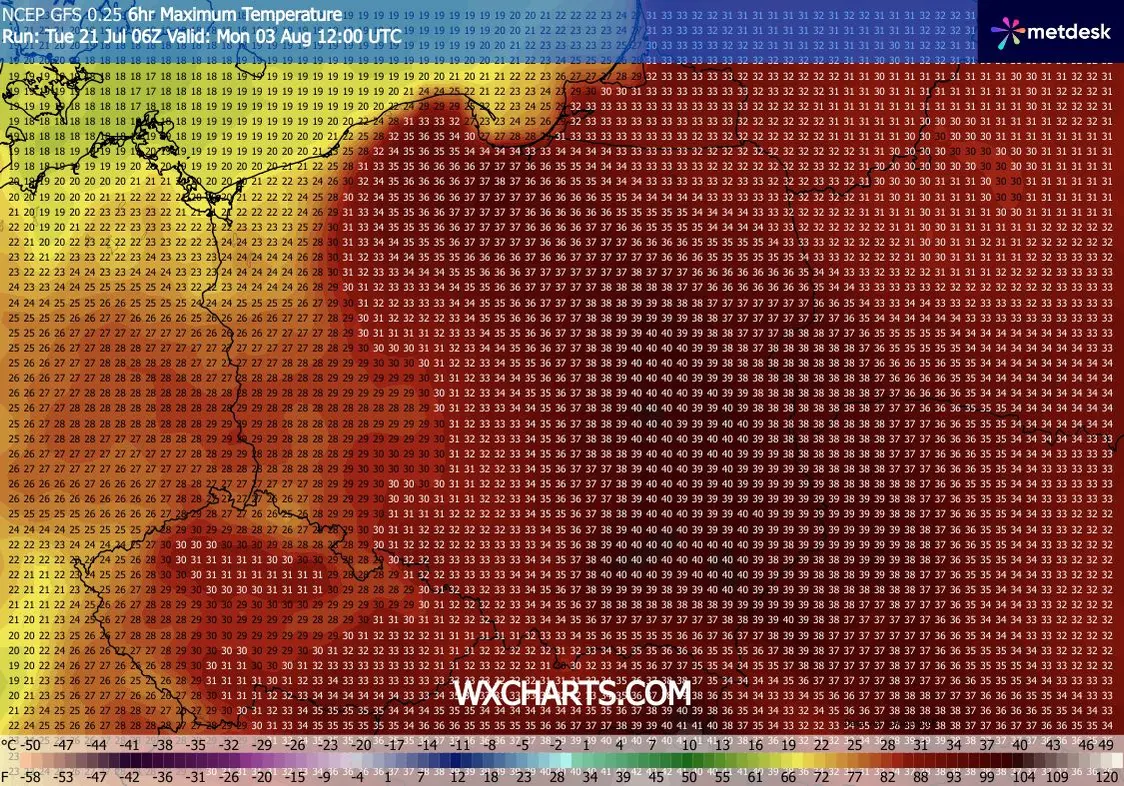 Prognoza temperatur na 3 sierpnia (o godz. 14) według modelu GFS