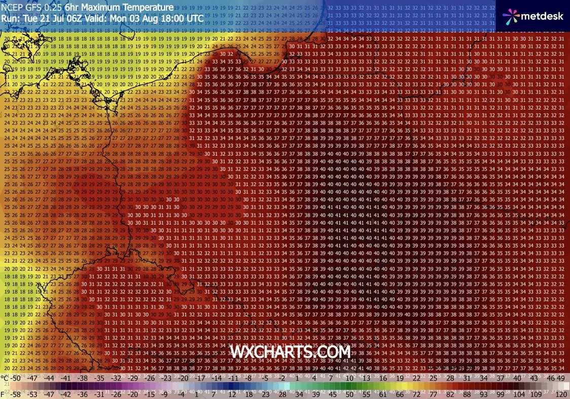 Prognoza temperatur na 3 sierpnia (o godz. 20) według modelu GFS