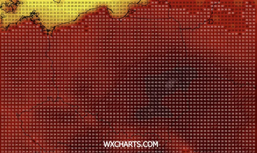 Mapa prognozowanych przez GFS temperatur maksymalnych w środę