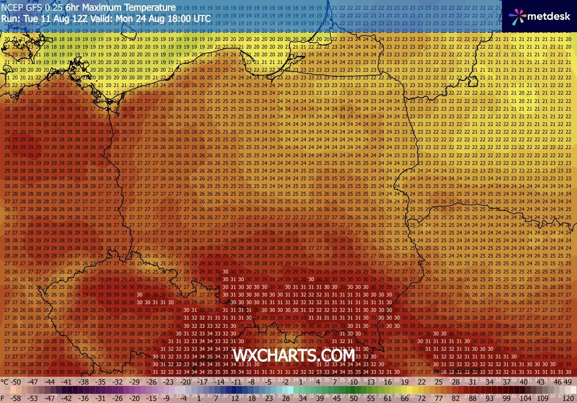 Prognoza temperatur na 24 sierpnia według modelu GFS