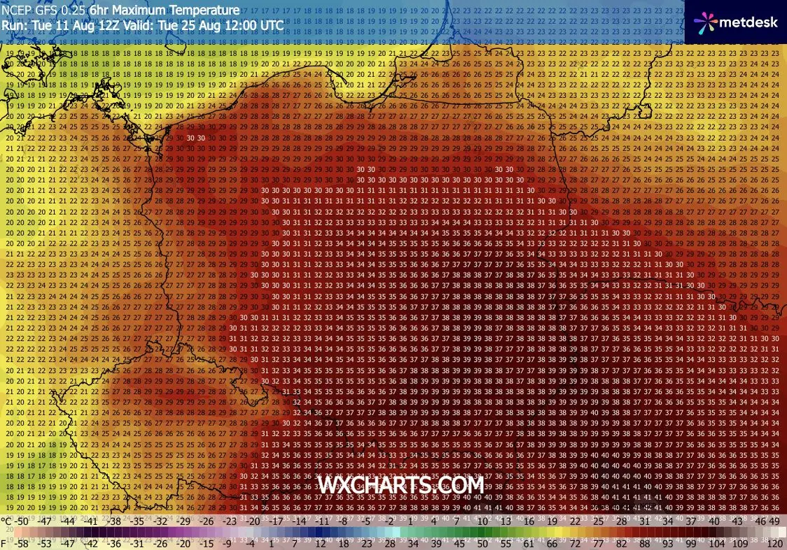 Prognoza temperatur na 25 sierpnia według modelu GFS